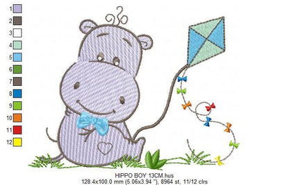 Hippo embroidery designs - Safari wild animal machine embroidery pattern - Baby girl and boy animal with balloon file - Instant download pes