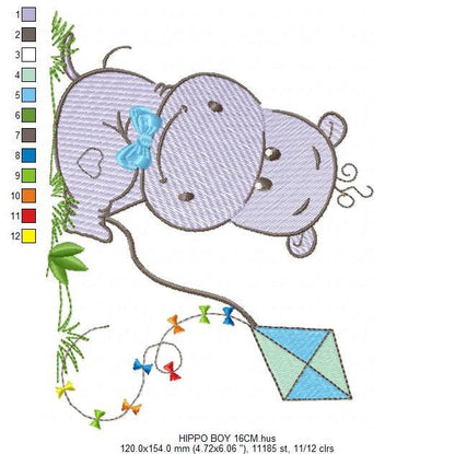 Hippo embroidery designs - Safari wild animal machine embroidery pattern - Baby girl and boy animal with balloon file - Instant download pes