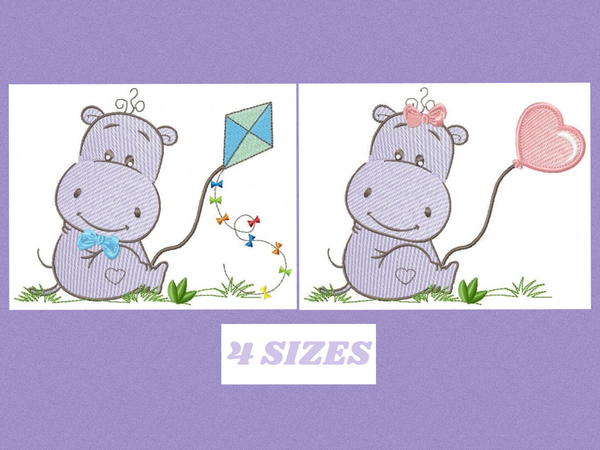 Hippo embroidery designs - Safari wild animal machine embroidery pattern - Baby girl and boy animal with balloon file - Instant download pes