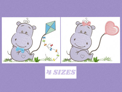 Hippo embroidery designs - Safari wild animal machine embroidery pattern - Baby girl and boy animal with balloon file - Instant download pes