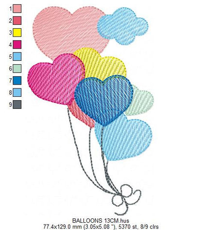 Birthday Party Balloon embroidery design - Balloons machine embroidery pattern - Heart balloon with clouds - Instant digital download pes