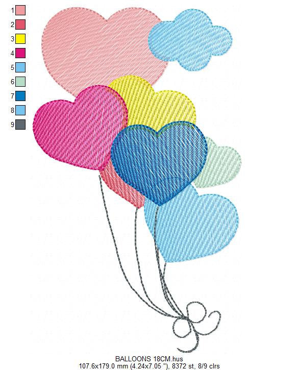 Birthday Party Balloon embroidery design - Balloons machine embroidery pattern - Heart balloon with clouds - Instant digital download pes