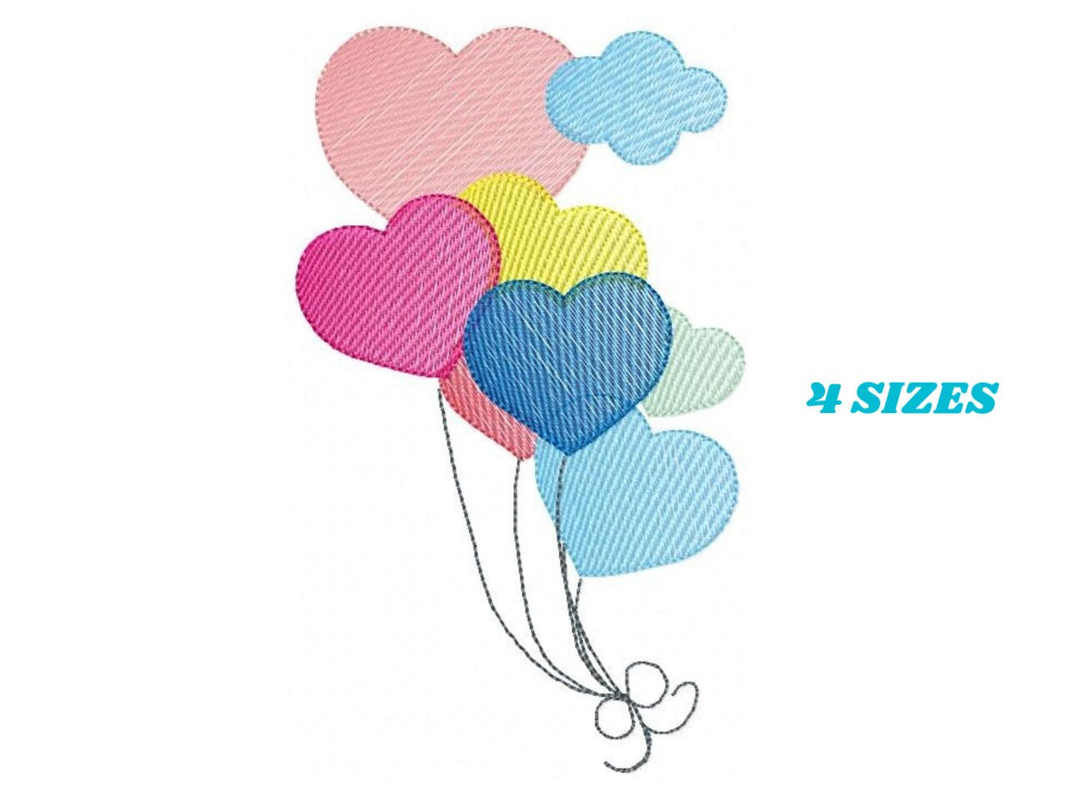 Birthday Party Balloon embroidery design - Balloons machine embroidery pattern - Heart balloon with clouds - Instant digital download pes