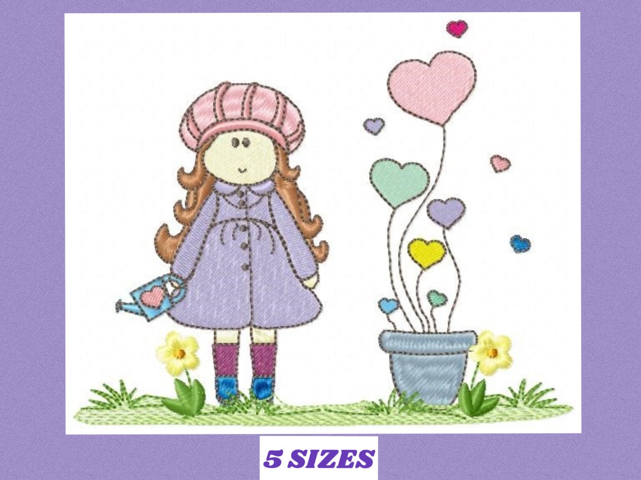 Girl embroidery designs - Flower girl embroidery design machine embroidery pattern - girl with flowers embroidery file - Cute Girl design