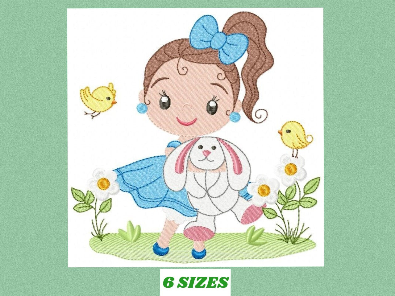 Baby girl embroidery designs - Young girl with rabbit and birds machine embroidery pattern - Girl with bunny file - Instant digital download