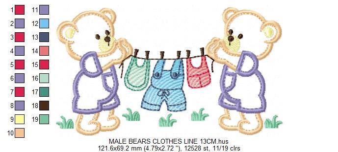 Baby Bear with clothes line embroidery designs - Baby Gender Reveal Party machine embroidery pattern - Nursery Laundry - Instant download
