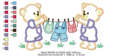 Baby Bear with clothes line embroidery designs - Baby Gender Reveal Party machine embroidery pattern - Nursery Laundry - Instant download