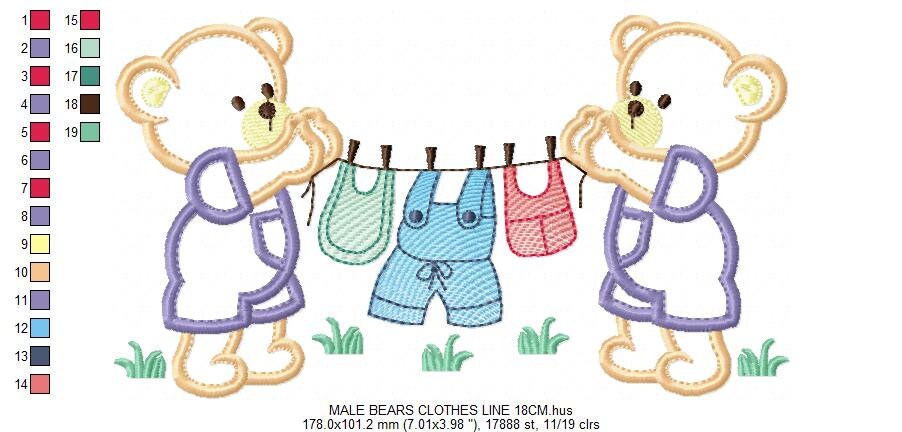 Baby Bear with clothes line embroidery designs - Baby Gender Reveal Party machine embroidery pattern - Nursery Laundry - Instant download