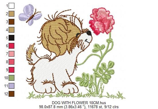 Dog with flower embroidery designs - Shih tzu with rose machine embroidery pattern - Pet Puppy file - Instant digital download pes jef dst