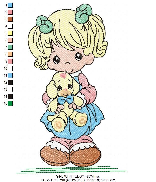 Baby Doll embroidery design - Young Girl with ponytail machine embroidery pattern - Instant digital download pes jef dst