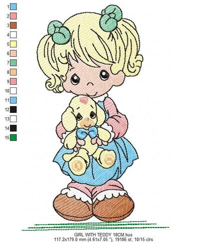 Baby Doll embroidery design - Young Girl with ponytail machine embroidery pattern - Instant digital download pes jef dst