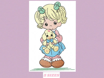 Baby Doll embroidery design - Young Girl with ponytail machine embroidery pattern - Instant digital download pes jef dst