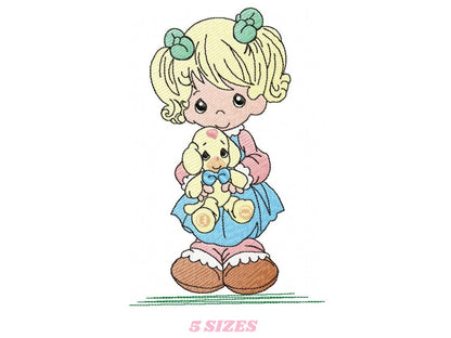 Baby Doll embroidery design - Young Girl with ponytail machine embroidery pattern - Instant digital download pes jef dst