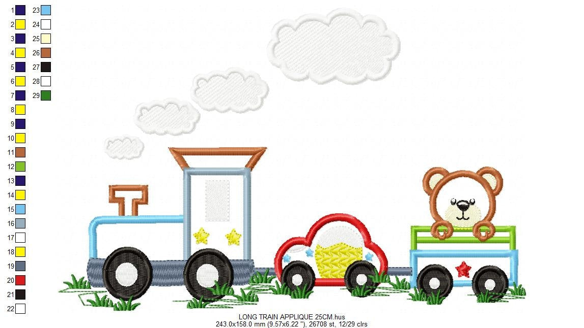 Train embroidery designs - Vehicle applique machine embroidery pattern - Baby boy file - Train with wagon applique - Instant download pes