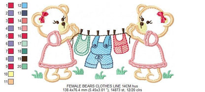 Baby Bear with clothes line embroidery designs - Baby Gender Reveal Party machine embroidery pattern - Nursery Laundry - Instant download