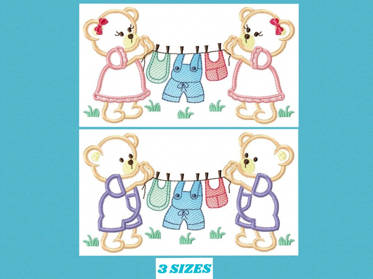 Baby Bear with clothes line embroidery designs - Baby Gender Reveal Party machine embroidery pattern - Nursery Laundry - Instant download