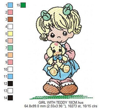 Baby Doll embroidery design - Young Girl with ponytail machine embroidery pattern - Instant digital download pes jef dst