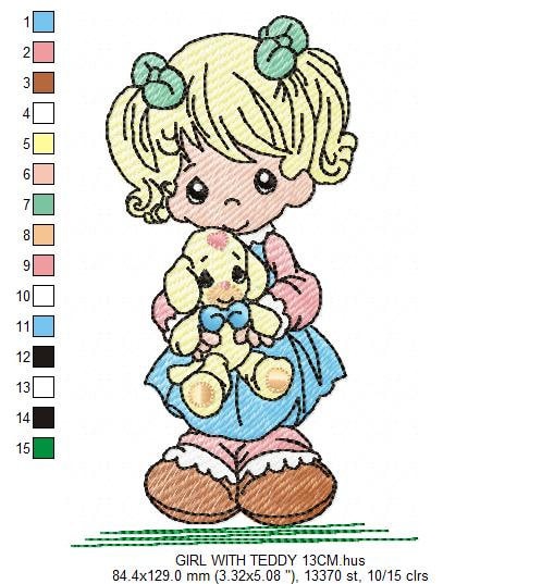 Baby Doll embroidery design - Young Girl with ponytail machine embroidery pattern - Instant digital download pes jef dst