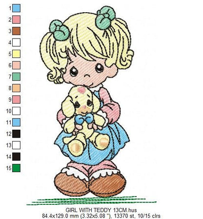 Baby Doll embroidery design - Young Girl with ponytail machine embroidery pattern - Instant digital download pes jef dst