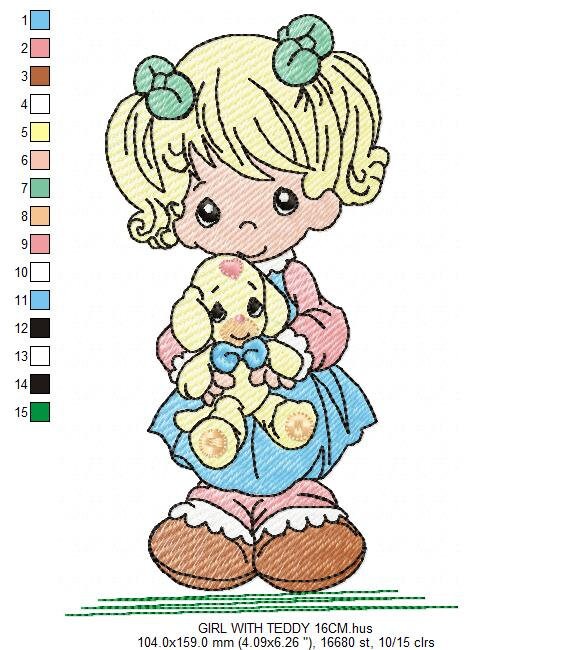 Baby Doll embroidery design - Young Girl with ponytail machine embroidery pattern - Instant digital download pes jef dst