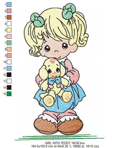 Baby Doll embroidery design - Young Girl with ponytail machine embroidery pattern - Instant digital download pes jef dst