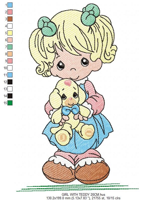 Baby Doll embroidery design - Young Girl with ponytail machine embroidery pattern - Instant digital download pes jef dst