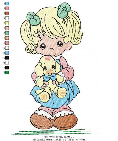 Baby Doll embroidery design - Young Girl with ponytail machine embroidery pattern - Instant digital download pes jef dst
