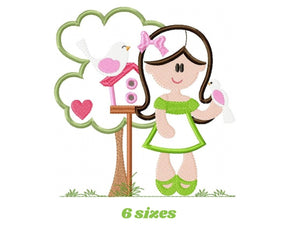 Girl with tree and birdhouse embroidery designs - Girl with birds embroidery design machine embroidery pattern - instant digital download