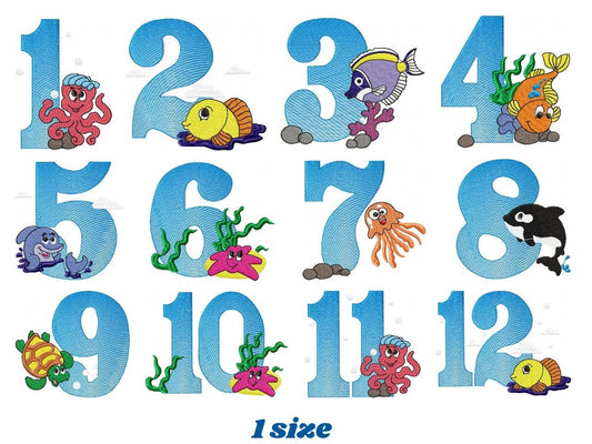 Birthday Numbers embroidery designs set - Numbers with sea animals Embroidery Design Machine embroidery file - Numbers with fishes design