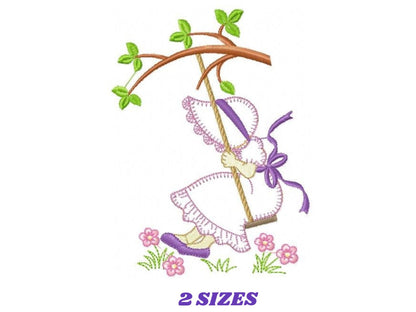 Sunbonnet embroidery designs - Girl on swing embroidery design machine embroidery pattern - Tree and flowers - Instant download pes jef dst