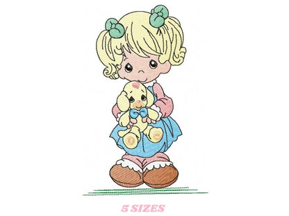 Baby Doll embroidery design - Young Girl with ponytail machine embroidery pattern - Instant digital download pes jef dst