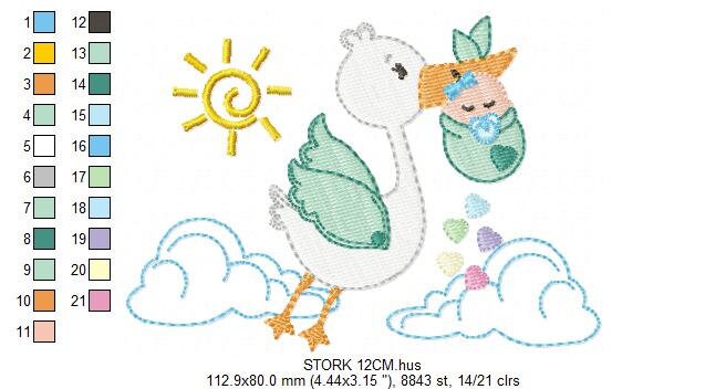 Stork embroidery design - Stork with newborn baby machine embroidery pattern - Baby shower gift gender reveal party - Instant download pes