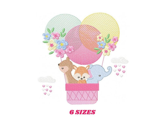 Animals in hot air balloon embroidery designs - Animals with flowers machine embroidery pattern - Elephant Deer Fox - Instant download pes