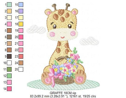 Giraffe embroidery design - Giraffe with scarf and flowers machine embroidery pattern - Baby girl animal file - Instant digital download pes