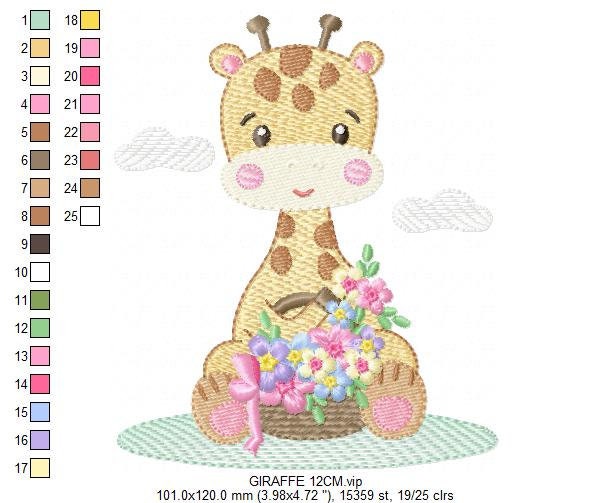 Giraffe embroidery design - Giraffe with scarf and flowers machine embroidery pattern - Baby girl animal file - Instant digital download pes