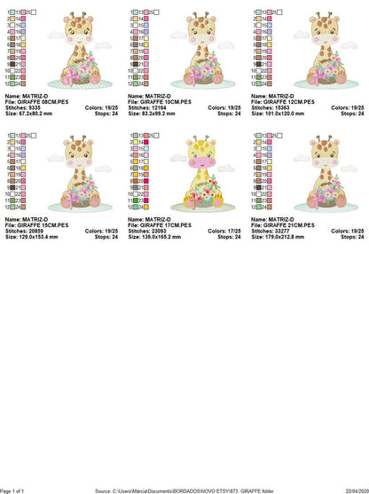 Giraffe embroidery design - Giraffe with scarf and flowers machine embroidery pattern - Baby girl animal file - Instant digital download pes