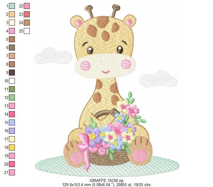 Giraffe embroidery design - Giraffe with scarf and flowers machine embroidery pattern - Baby girl animal file - Instant digital download pes