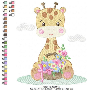 Giraffe embroidery design - Giraffe with scarf and flowers machine embroidery pattern - Baby girl animal file - Instant digital download pes
