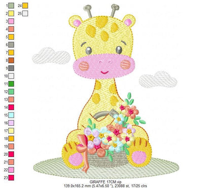 Giraffe embroidery design - Giraffe with scarf and flowers machine embroidery pattern - Baby girl animal file - Instant digital download pes