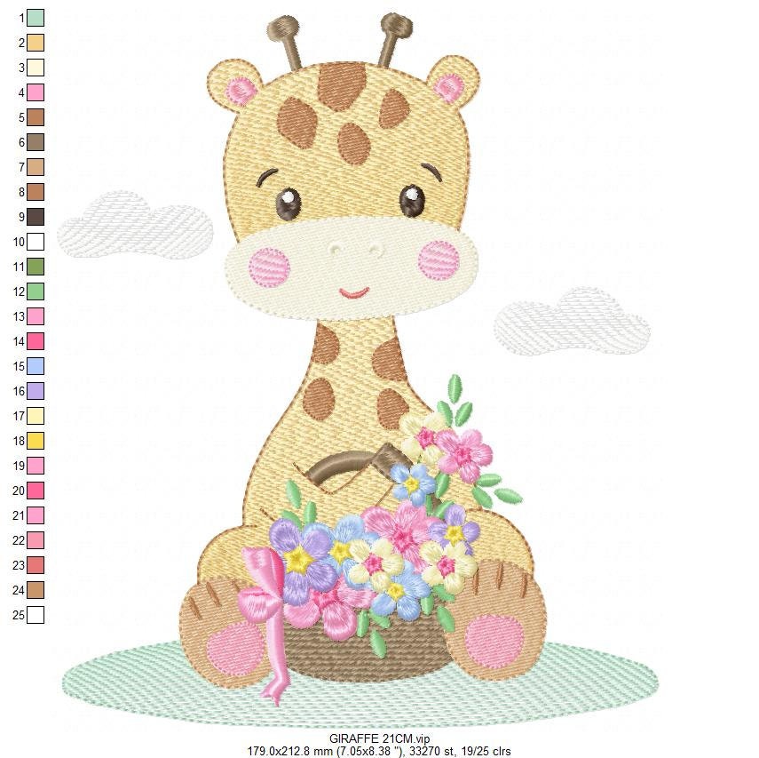 Giraffe embroidery design - Giraffe with scarf and flowers machine embroidery pattern - Baby girl animal file - Instant digital download pes