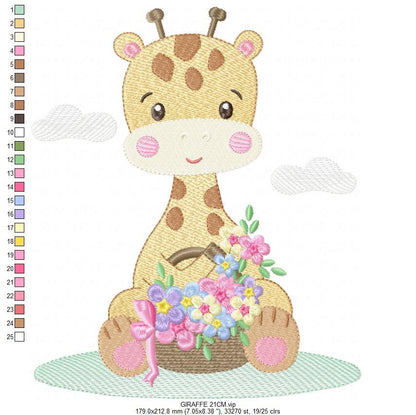Giraffe embroidery design - Giraffe with scarf and flowers machine embroidery pattern - Baby girl animal file - Instant digital download pes