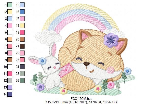 Red Fox embroidery designs - Woodland animals with rainbow machine embroidery pattern - Baby girl file - Instant digital download pes jef
