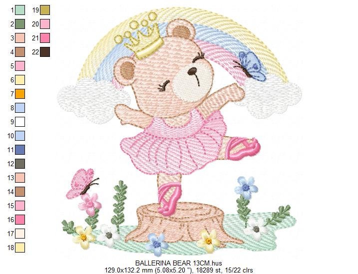 Bear embroidery designs - Ballerina embroidery design machine embroidery pattern - Baby girl embroidery file - Ballerina bear with rainbow