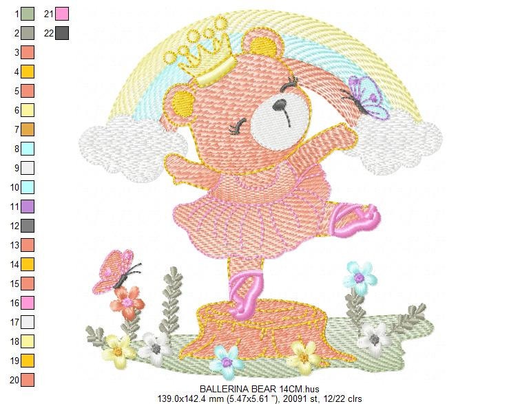 Bear embroidery designs - Ballerina embroidery design machine embroidery pattern - Baby girl embroidery file - Ballerina bear with rainbow