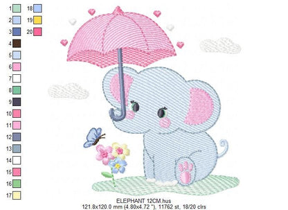Elephant embroidery designs - Safari wild Animal machine embroidery pattern - Baby girl file - Elephant with umbrella - Instant download pes