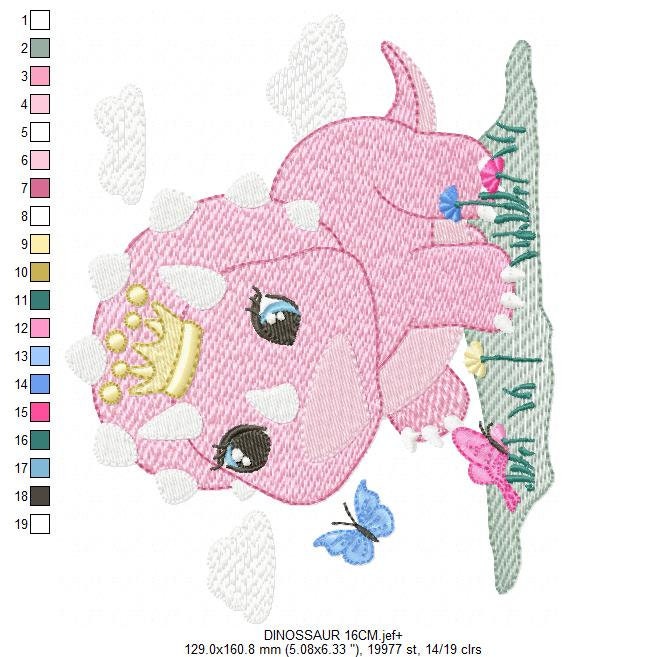 Dinosaur with flowers embroidery designs - Dino with crown machine embroidery pattern - Baby girl file Pink Triceratops - Instant download