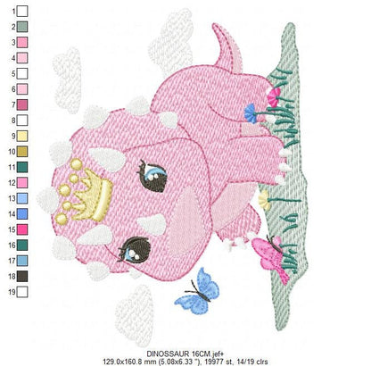 Dinosaur with flowers embroidery designs - Dino with crown machine embroidery pattern - Baby girl file Pink Triceratops - Instant download
