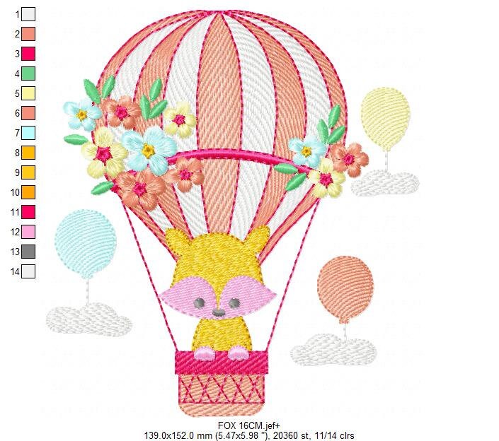 Fox embroidery designs - Hot air balloon embroidery design machine embroidery pattern - Animal embroidery file - woodland animals download
