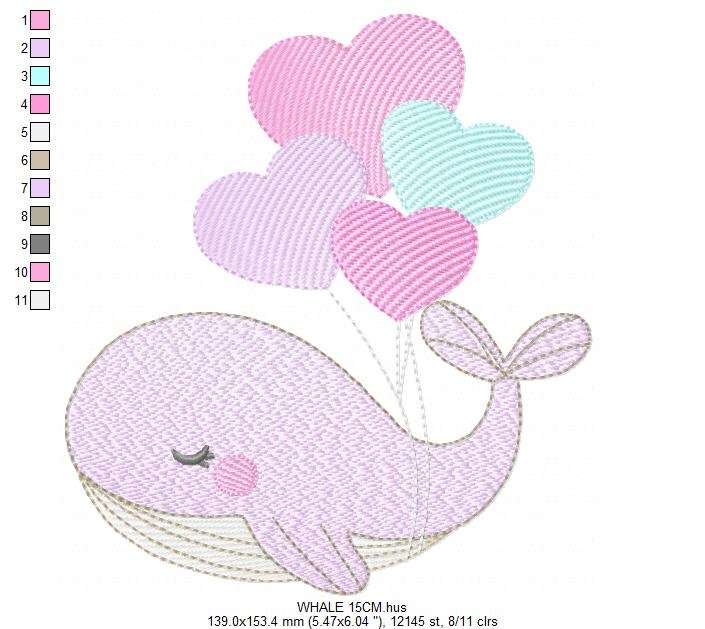 Whale embroidery designs - Animal embroidery design machine embroidery pattern - Whale with balloons embroidery file - instant download pes