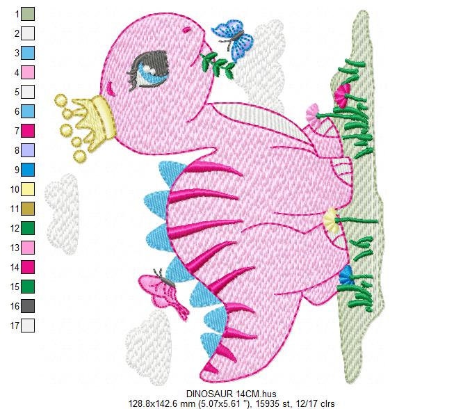 Dinosaur embroidery designs - Dino with crown machine embroidery pattern - Baby girl file Pink Stegosaurus - Instant download pes jef dst
